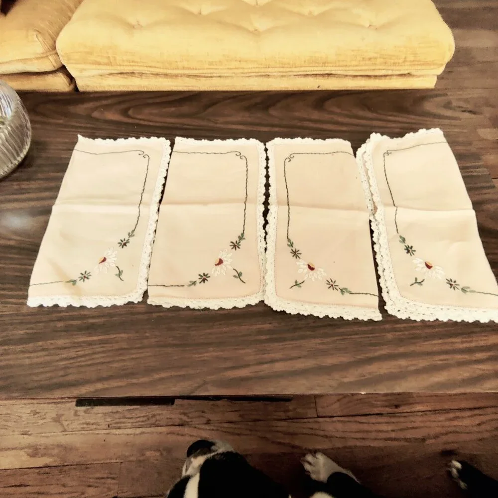 Embroidered Tea Napkins 4, Daisy, Greens & Red Stitching Handmade Vintage